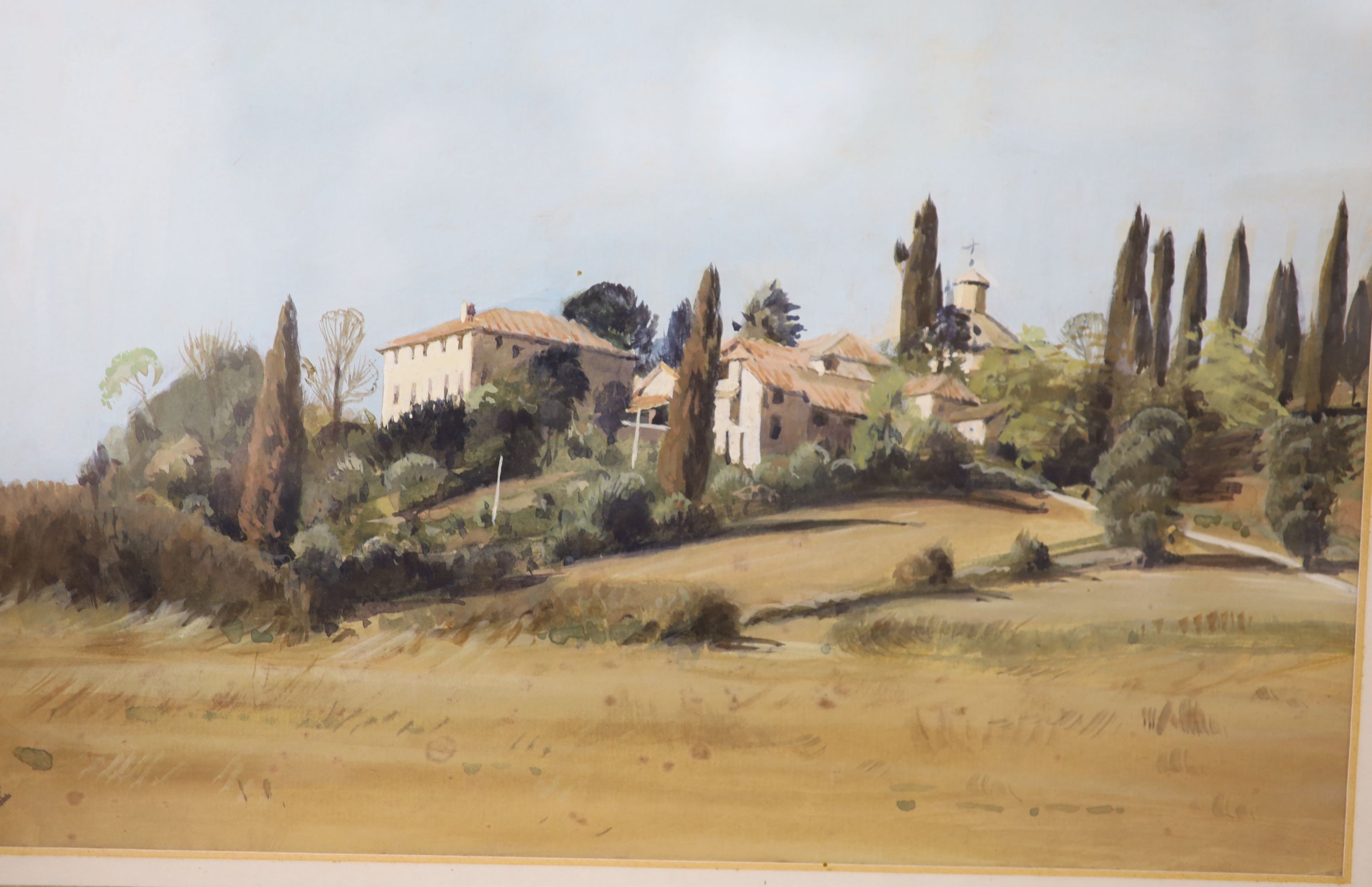 Giannetto Ruigi (Italian 20th century), acrylic on board, Alpine town, signed, 18 x 24cm and John Doyle, gouache, 'A Farm near Monte Aperti - Siena'